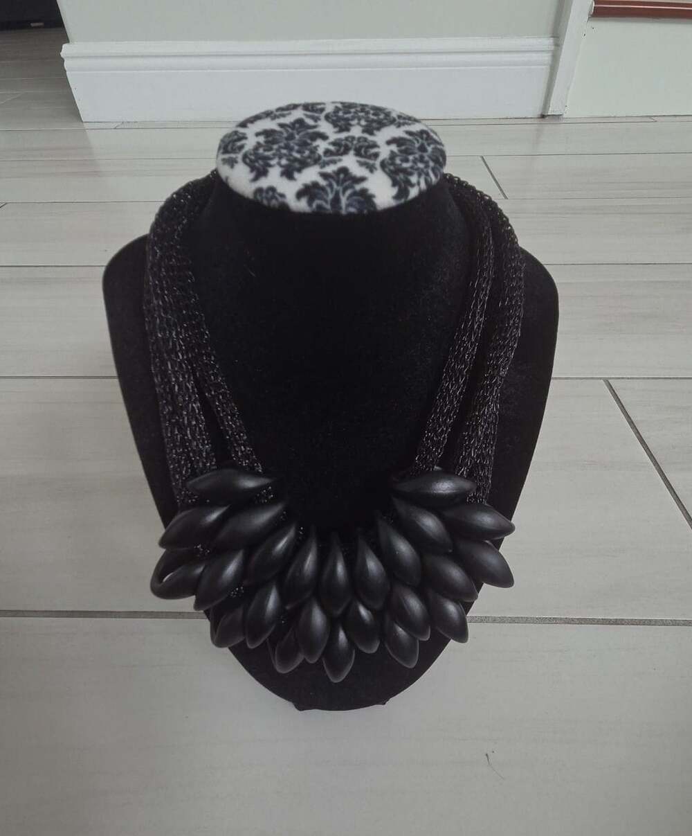 Chunky Black Statement Necklace Resin Petal Cluster Bib Collar